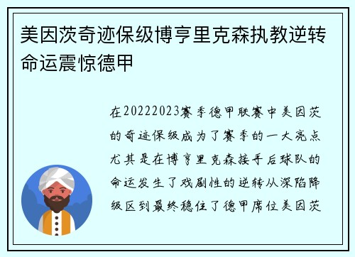 美因茨奇迹保级博亨里克森执教逆转命运震惊德甲 美因茨奇迹保级博亨里克森执教逆转命运震惊德甲